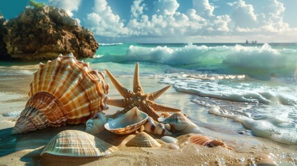 Sticker - Seascape with seashells on exotic shore