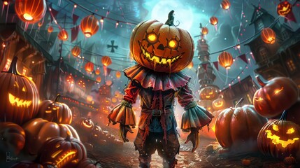 halloween festival background with a scary clown with a pumpkin head, amazing illustration with rich details and full of lights