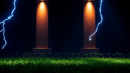 Two tall pillars with glowing lights stand against a dark background with lightning strikes.