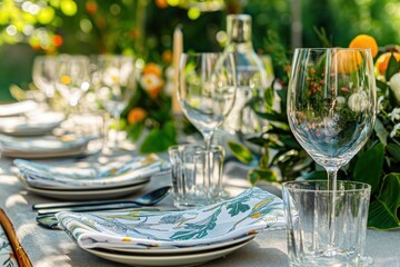 Outdoor dining scene with white tablecloth, floral centerpiece, wine glasses and plates. Rich plants surrounds setting, creating tranquil atmosphere perfect for festive banquets or special occasions.