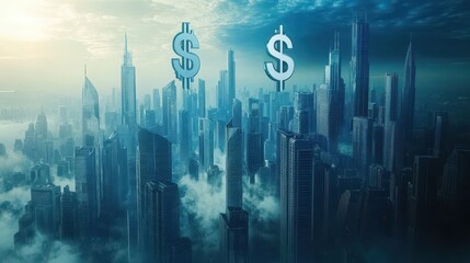 Wall Mural - Futuristic Cityscape with Dollar Signs Floating in the Sky