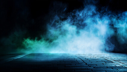 Wall Mural - night road blurred background with smoke and blue and green lights