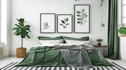 Wall Mural - Real photo of posters above green bed on white wall in bedroom with striped carpet.