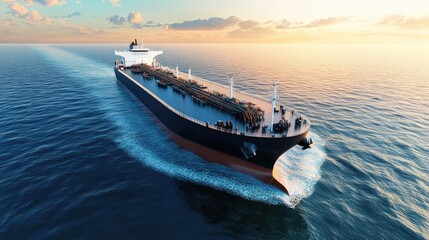 An oil tanker moves steadily across the serene sea during sunset, leaving gentle ripples behind as it journeys toward its destination