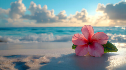 Wall Mural - Pink Flower on Sandy Beach at Sunset - Illustration