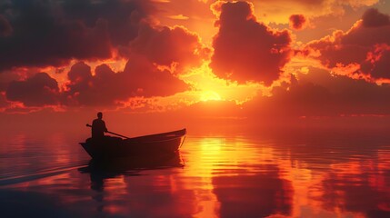 Wall Mural - A serene sunset view with a lone boatman paddling across calm waters, reflecting vibrant colors in the sky.