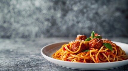 Poster - Delicious plate of spaghetti with meatballs and fresh herbs. The vibrant colors and textures invite you to enjoy a warm home-cooked meal. Perfect for food lovers and restaurants. AI