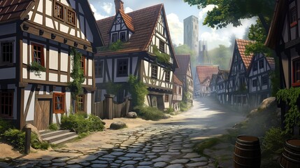 German medieval village with half-timbered houses and cobblestone streets. Idyllic scene of old town with warm light, historic architecture, fantasy elements, traditional German style.