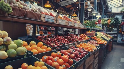 A vibrant market display filled with fresh fruits and vegetables, showcasing a variety of colors and textures.