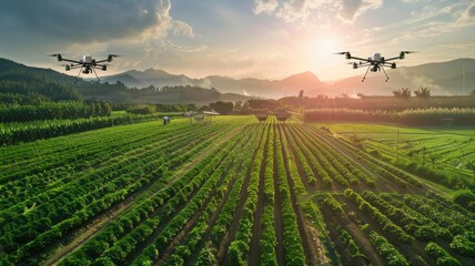 A scenic countryside where farmers utilize AI drones and robotic equipment for precision agriculture. The landscape is lush and fertile, with advanced technology maximizing productivity and