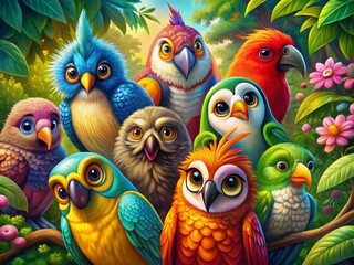 Vibrant, colorful cartoon illustrations of various bird species, including parrots, owls, and hummingbirds, showcasing