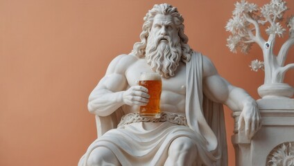 A statue of a man resembling Greek God Zeus holding a beer glass