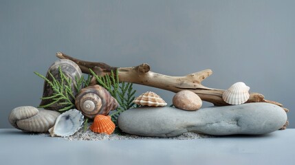 Poster - Simple eco showcase with shells, wood, and rocks on a grey background.