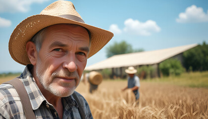 A middle-aged Caucasian man with short brown hair wearing a straw hat, standing in a rural setting with a wooden fence and buildings in the background