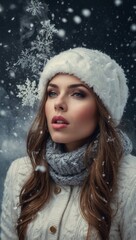 Wall Mural - A woman wearing a white hat and scarf stands in the snow