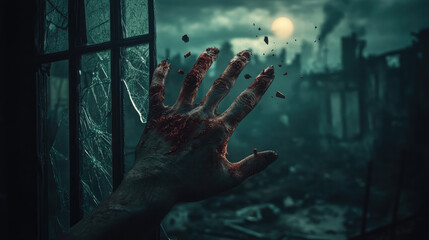 A hand with blood on it is reaching out of a window