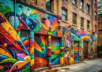 Vintage urban landscape featuring vibrant, bold graffiti artwork adorning a rundown brick wall, with bright colors,