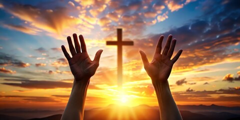 Wall Mural - Reaching for the Divine Silhouette of Hands Raised in Prayer at Sunset with a Cross, christianity, faith, hope