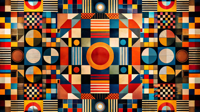 Colorful geometric loop with circles and squares, Geometry composition background in retro style