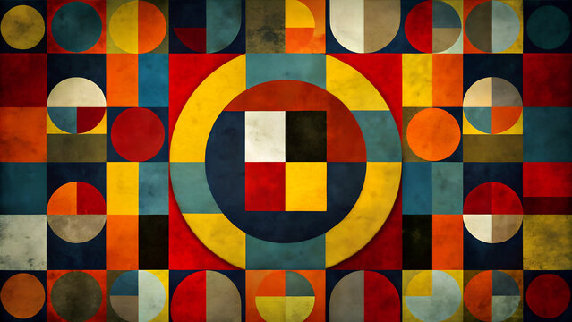 Colorful geometric loop with circles and squares, Geometry composition background in retro style