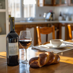 Challah bread shabbat wine on the kitchen table