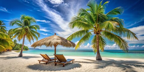 Two Beach Chairs Under a Palm Tree on a Sunny Day, Beach, Vacation, Paradise