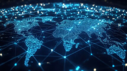 Poster - A blue and white image of the world with many dots and lines