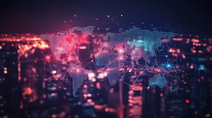 Poster - A cityscape with a network of lights and a globe in the center