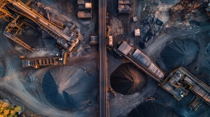 Canvas Print - Aerial view of industrial site with coal piles and machinery.