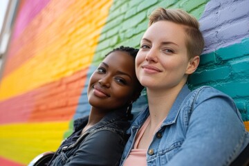 Wall Mural - close-up of happy loving lesbian couple in wheelchairs in front of colorful wall 