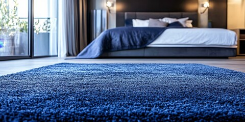 Wall Mural - Blue shag carpet in front of a bed.