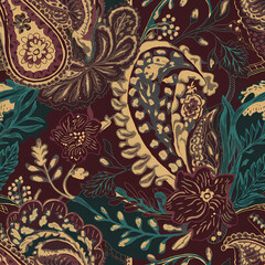 Paisely surface pattern design , botanicals and florals, red and green shades, fabric texture, Indian Traditional Patterns	
