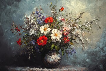 Artistic floral arrangement depicted in a textured oil painting still life composition