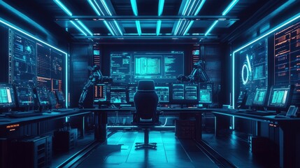 Wall Mural - Futuristic Tech Command Center with Glowing Blue Lights