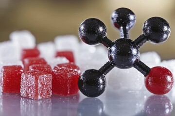 Carbon atom model with sugar crystals close-up