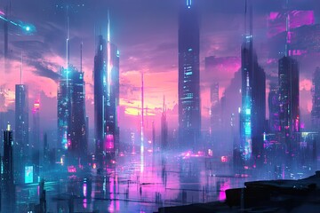 Wall Mural - Futuristic urban skyline with bright colorful lights and tall structures