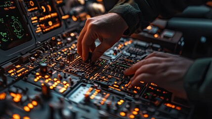 Canvas Print - Close-up of a pilot's hands adjusting controls in a cockpit filled with illuminated instruments.