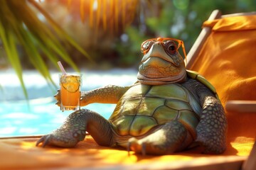 Turtle relaxes on sunbed near pool with orange juice and straw. Beach scene with palm trees and blue water in background. Summer vacation concept with sunglasses and hat.