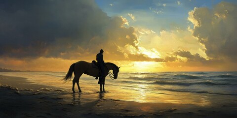 Wall Mural - Rider on horseback at sunset by the sea.