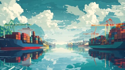 Wall Mural - Vibrant Harbor and Cargo Ships Reflecting in Serene Waters