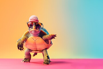 Tortoise wears pink hat sunglasses stands hind legs extended forward tilted head on pink blue gradient background with white line top image. Fun quirky animal fashion accessory summer vacation theme.