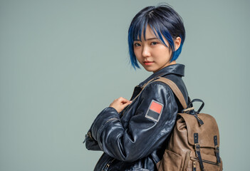 Wall Mural - beautiful blue haired woman wearing a black leather jacket and carrying a backpack