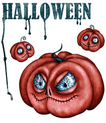 Isolated large and two small orange cartoon Halloween pumpkins with blue eyes and sewn up mouths and the inscription with drips 