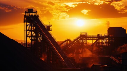 Sticker - Industrial site at sunset with silhouettes of machinery and conveyor belts.