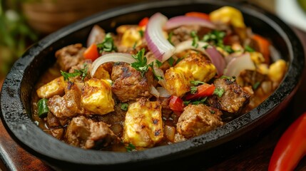 Wall Mural - Bowl holds meat, onions, eggs, and peppers