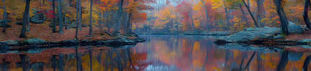 A winding river cutting through a dense forest of autumn foliage, the vibrant red, orange, and yellow leaves reflected in the calm water under a soft afternoon light