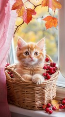 Wall Mural - A cute orange and white kitten is sitting in a basket with autumn leaves