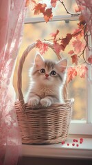 Wall Mural - A cute orange and white kitten is sitting in a basket with autumn leaves