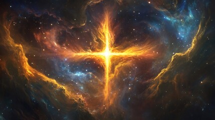 A bright glowing cross of light shines through the cosmos amidst swirling nebulae and stars.