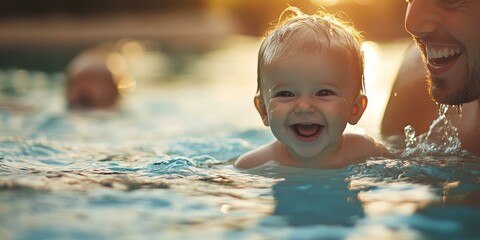 A happy toddler splashing in a pool.